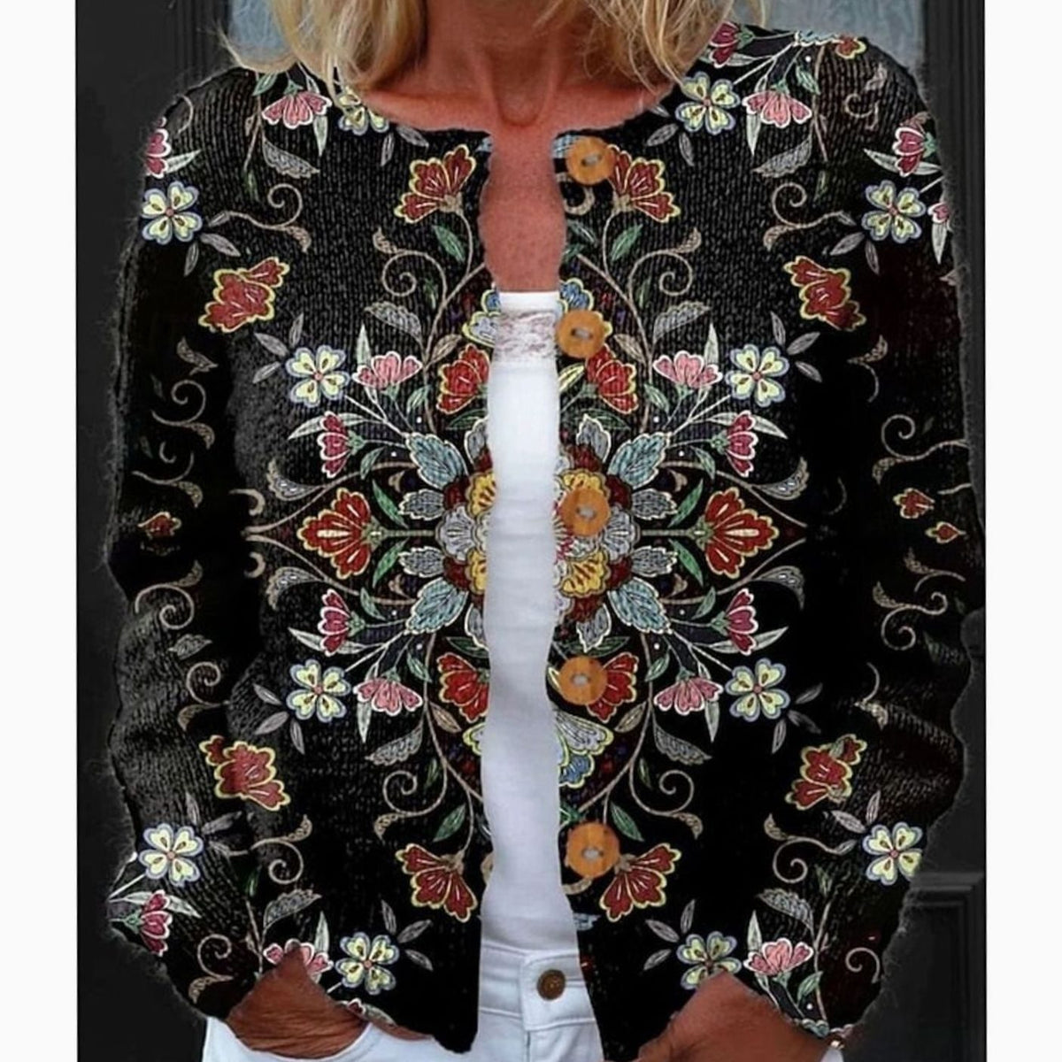 Grace | Women's Floral Long-Sleeve Knit Button-Front Cardigan