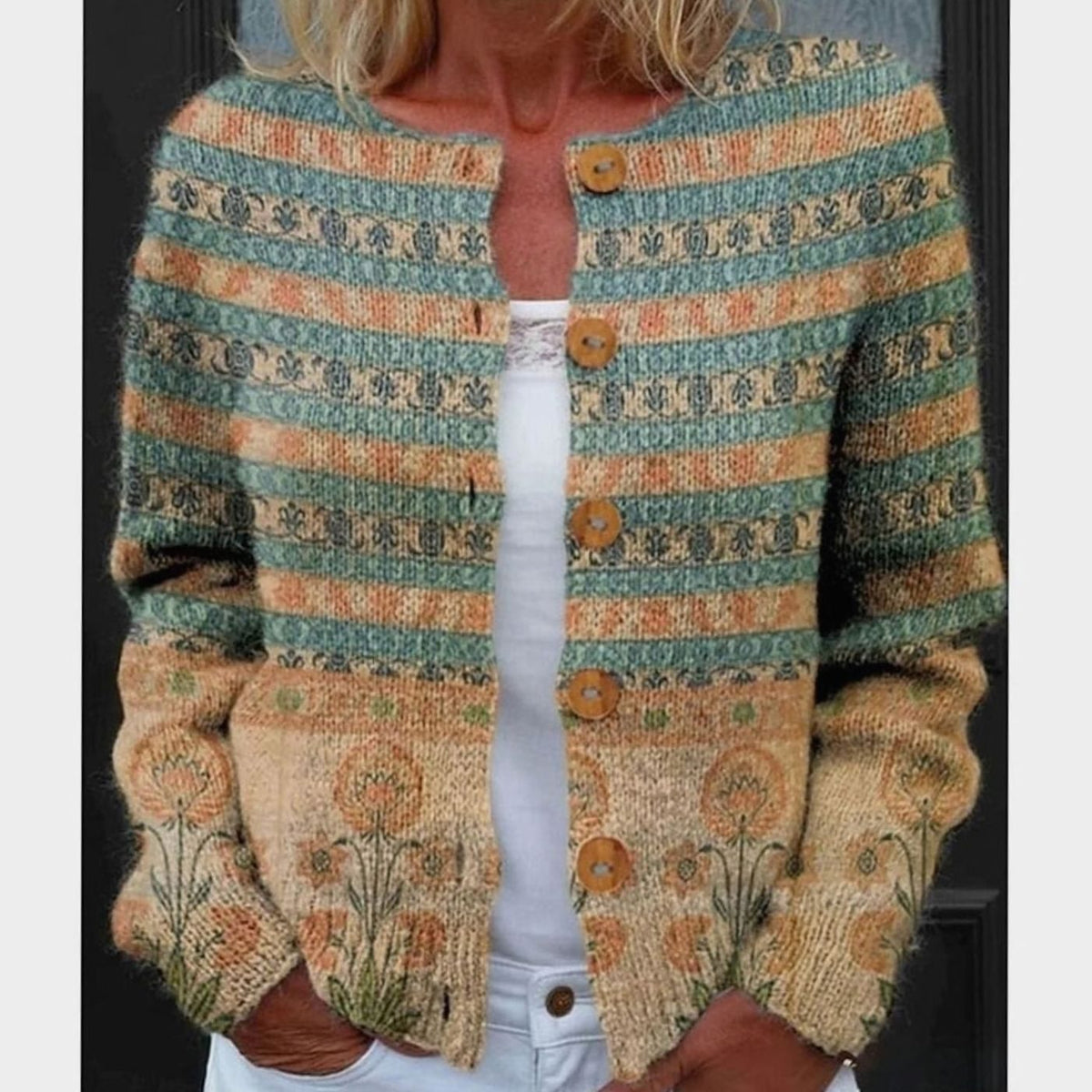 Grace | Women's Floral Long-Sleeve Knit Button-Front Cardigan