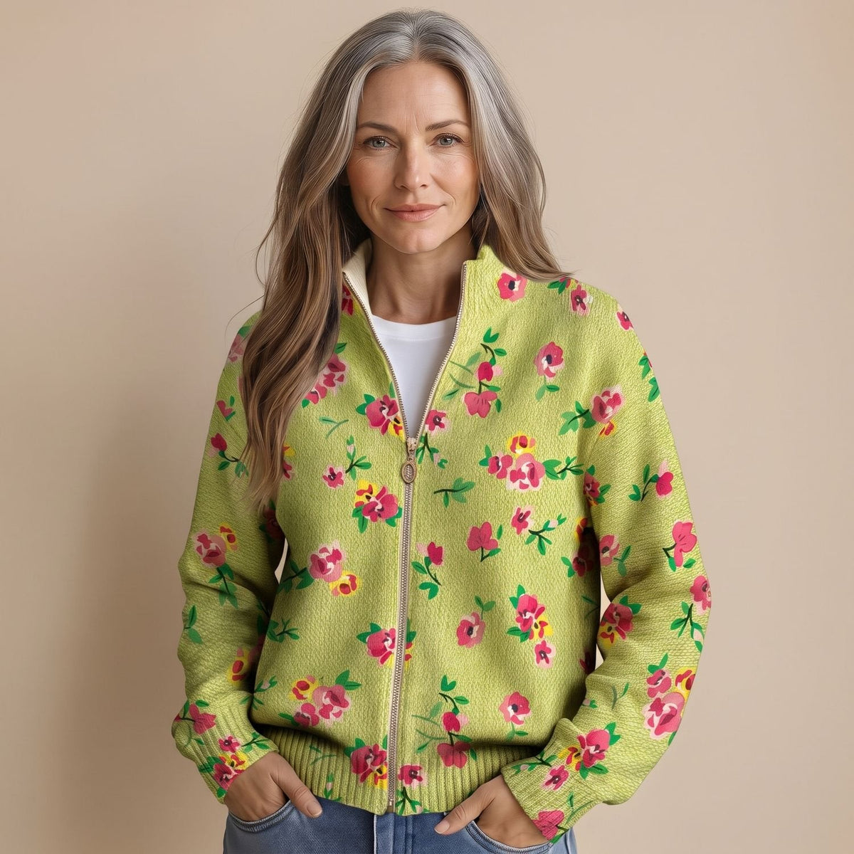 Madison | Women's Floral Print Relaxed-Fit Full-Zip Knit Bomber Jacket