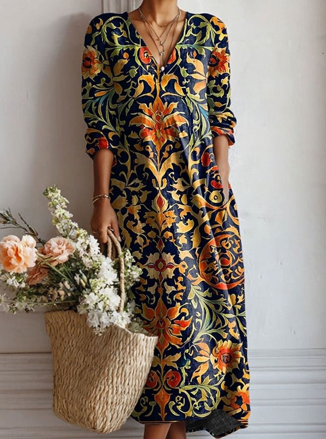 Sophia | Women's Floral Print V-Neck Long Sleeve Dress Relaxed Maxi