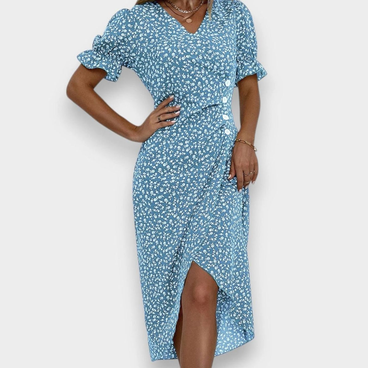 Victoria | Women's Floral Puff-Sleeve V-Neck Button-Front Midi Dress