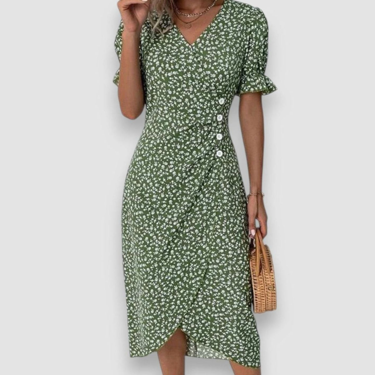 Victoria | Women's Floral Puff-Sleeve V-Neck Button-Front Midi Dress
