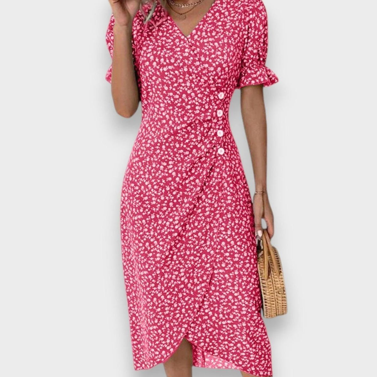 Victoria | Women's Floral Puff-Sleeve V-Neck Button-Front Midi Dress