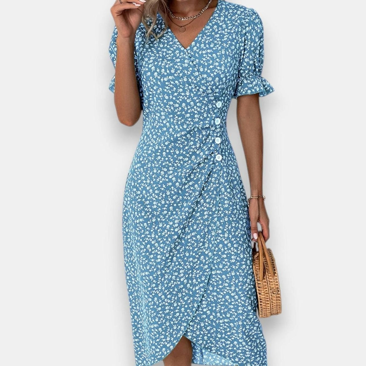 Victoria | Women's Floral Puff-Sleeve V-Neck Button-Front Midi Dress