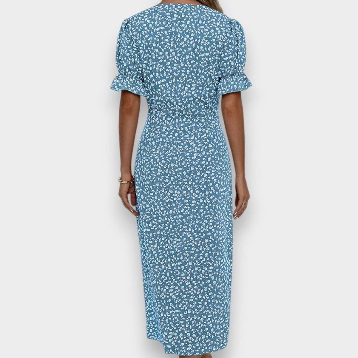 Victoria | Women's Floral Puff-Sleeve V-Neck Button-Front Midi Dress