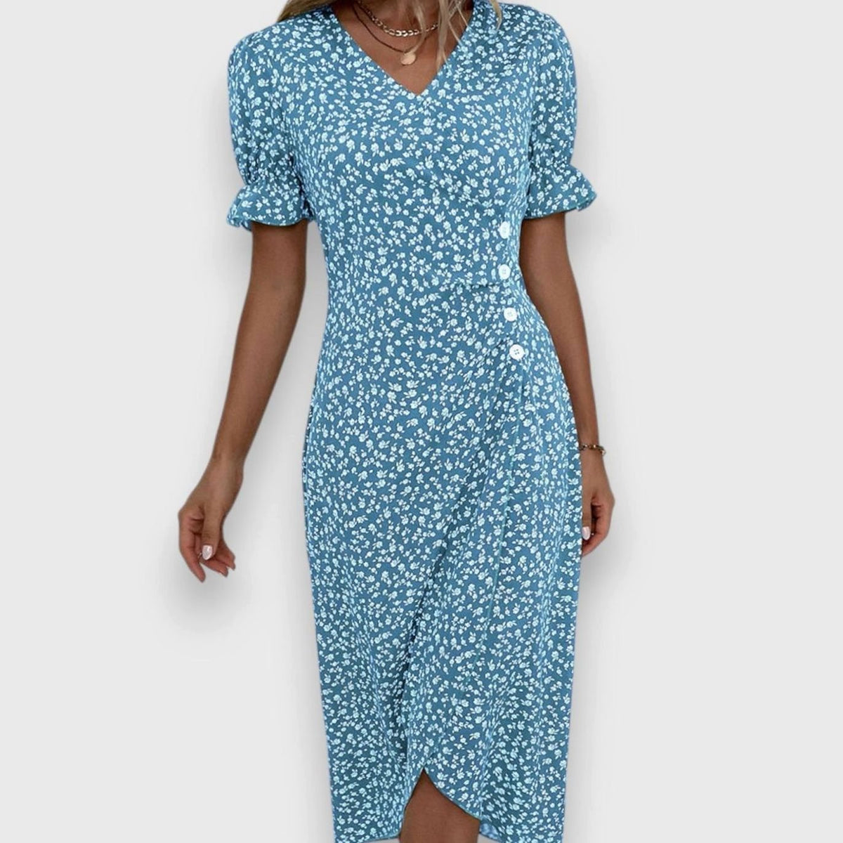Victoria | Women's Floral Puff-Sleeve V-Neck Button-Front Midi Dress