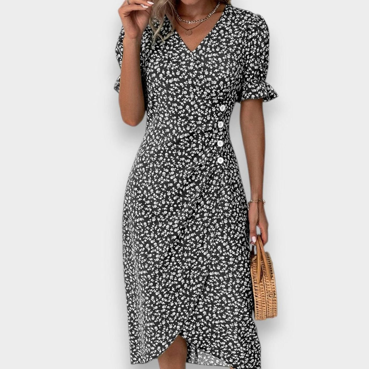 Victoria | Women's Floral Puff-Sleeve V-Neck Button-Front Midi Dress