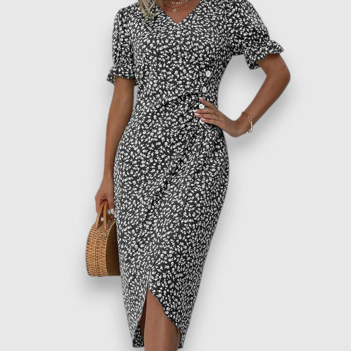 Victoria | Women's Floral Puff-Sleeve V-Neck Button-Front Midi Dress