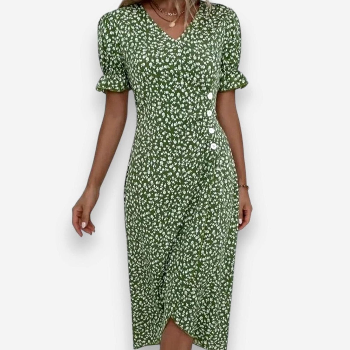 Victoria | Women's Floral Puff-Sleeve V-Neck Button-Front Midi Dress