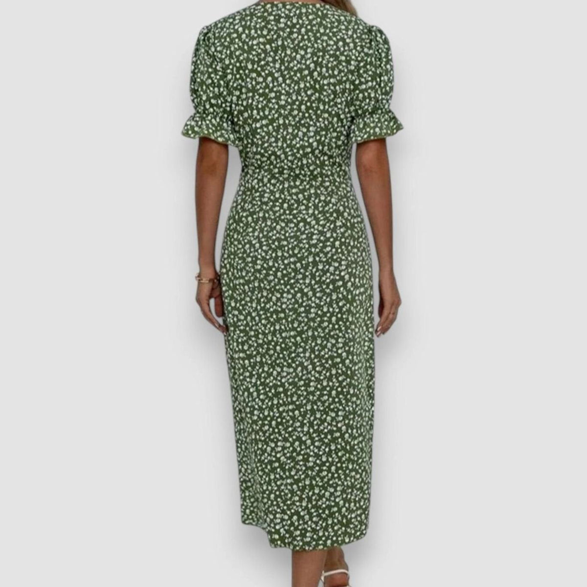 Victoria | Women's Floral Puff-Sleeve V-Neck Button-Front Midi Dress