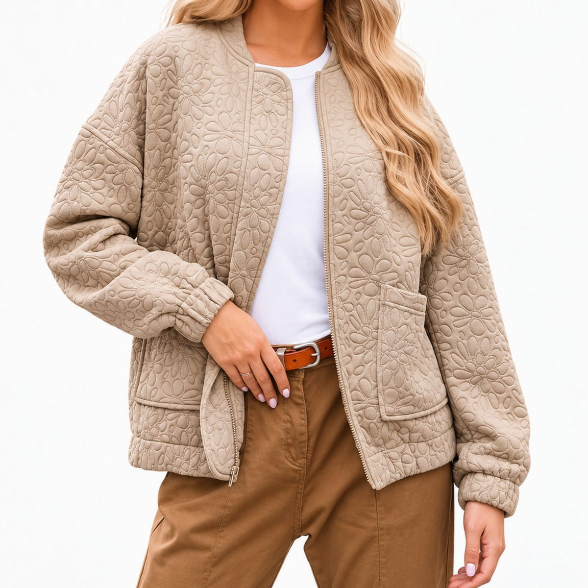 Harper | Women's Floral Quilted Zip-Up Bomber Jacket with Pockets