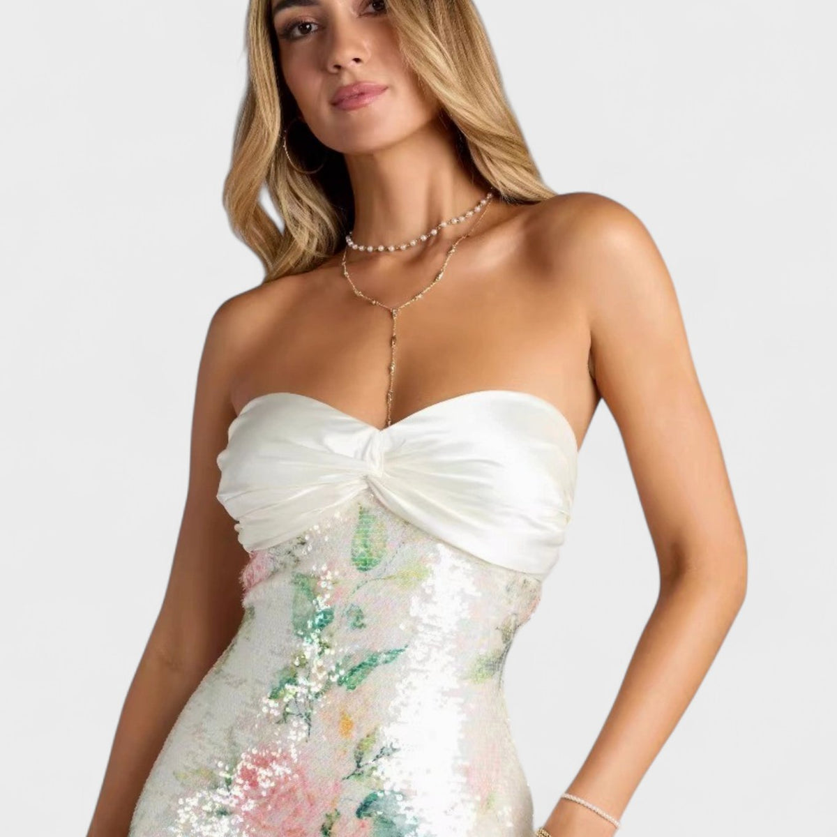 Sophia | Women's Floral Sequin Strapless Sweetheart Neckline Mini Dress