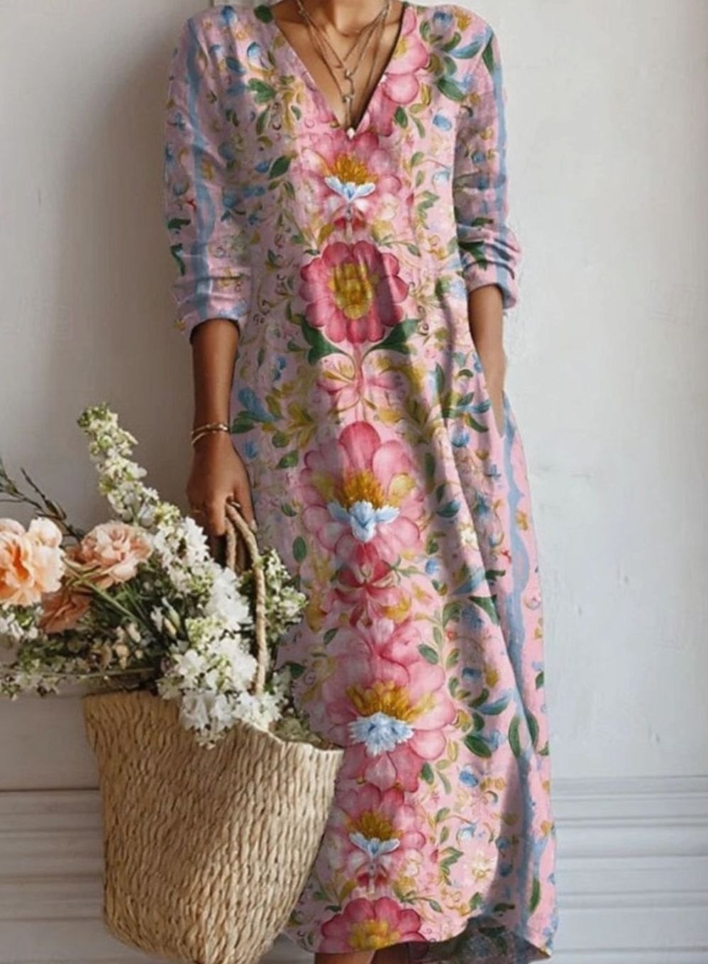 Isabella | Women's Floral V-Neck Long Sleeve Dress Relaxed Maxi