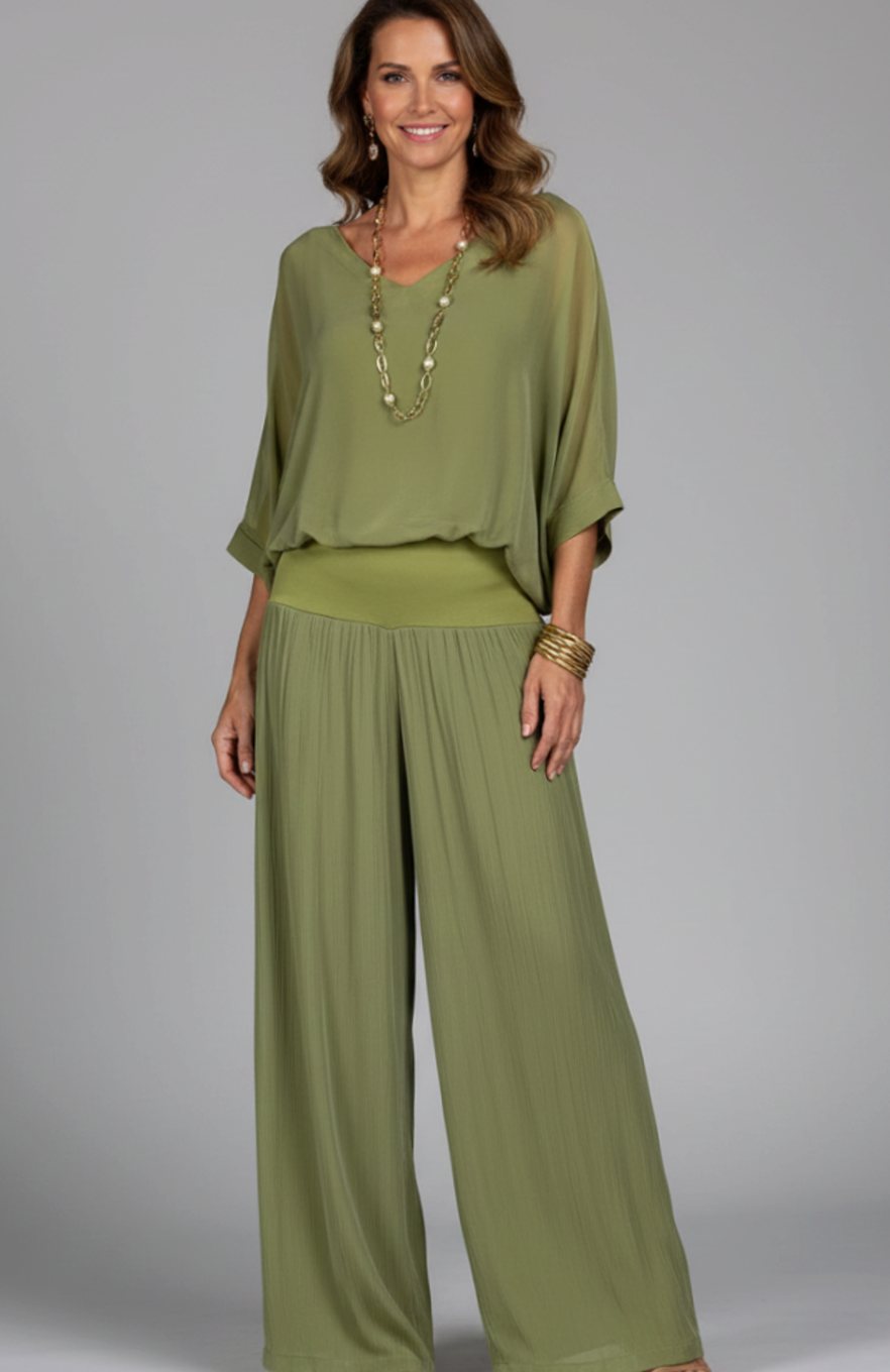 Victoria | Women's Flowy Wide-Leg Two-Piece Blouson Top Palazzo Set