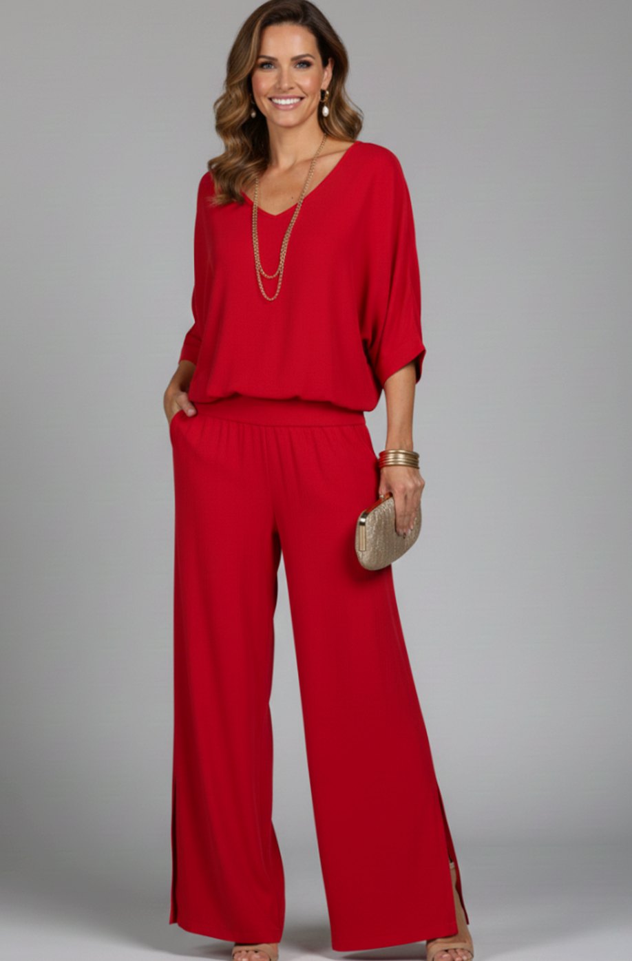 Victoria | Women's Flowy Wide-Leg Two-Piece Blouson Top Palazzo Set