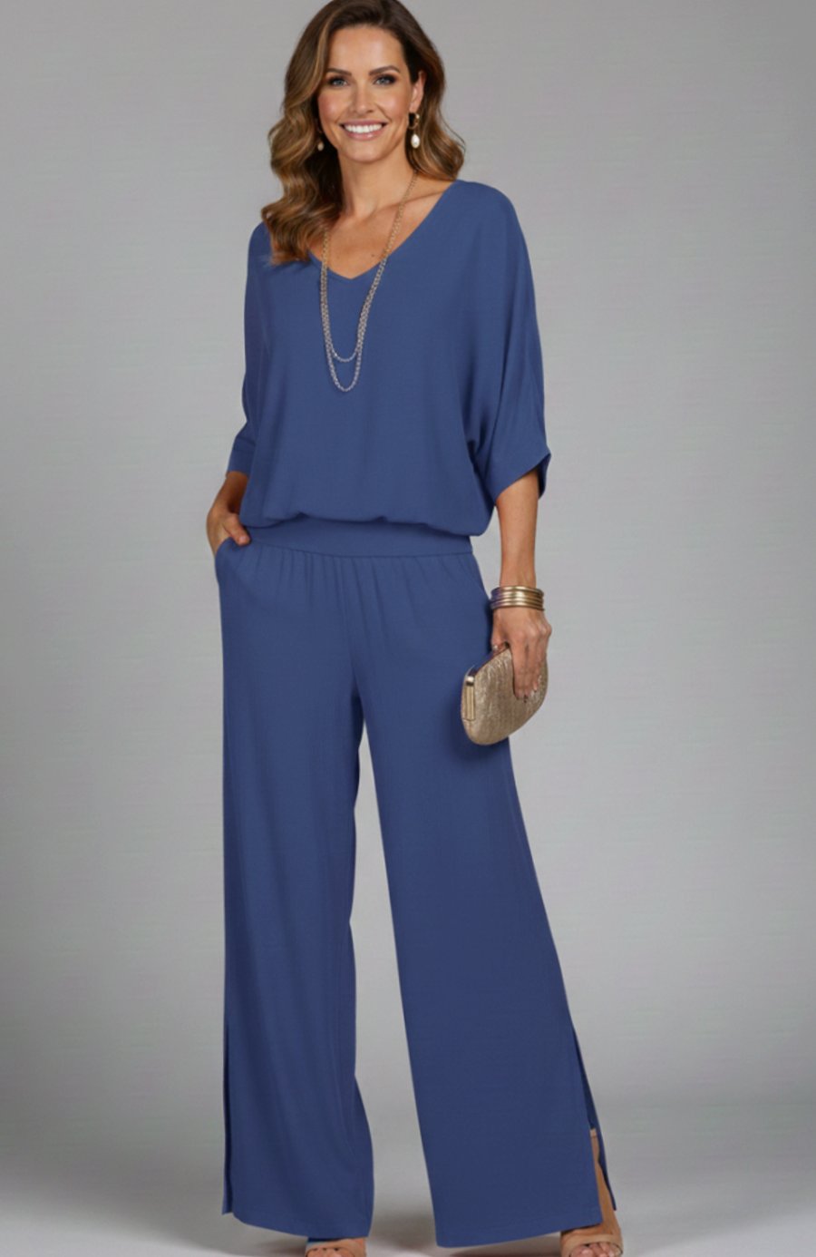 Victoria | Women's Flowy Wide-Leg Two-Piece Blouson Top Palazzo Set