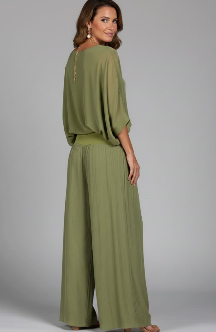 Victoria | Women's Flowy Wide-Leg Two-Piece Blouson Top Palazzo Set