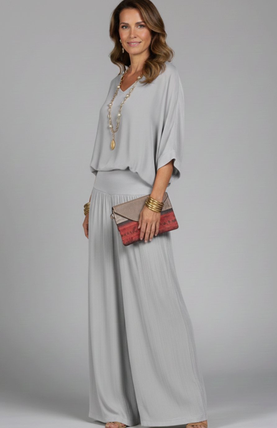 Victoria | Women's Flowy Wide-Leg Two-Piece Blouson Top Palazzo Set