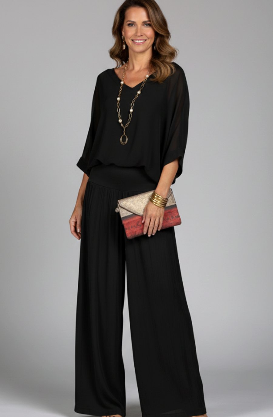 Victoria | Women's Flowy Wide-Leg Two-Piece Blouson Top Palazzo Set