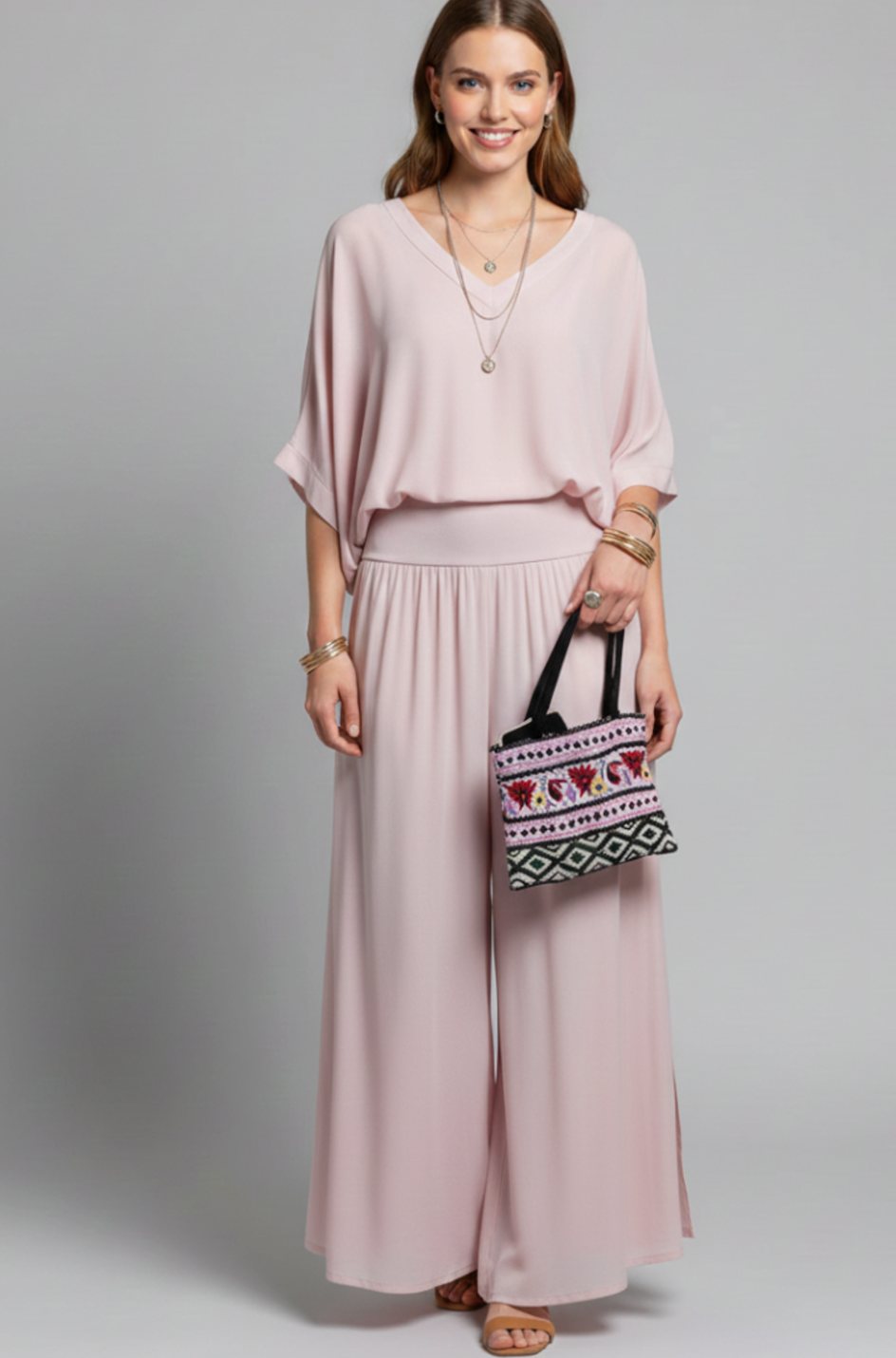 Victoria | Women's Flowy Wide-Leg Two-Piece Blouson Top Palazzo Set