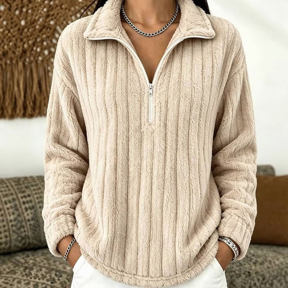 Mia | Women's Fluffy Quarter-Zip Pullover Fleece Sweater