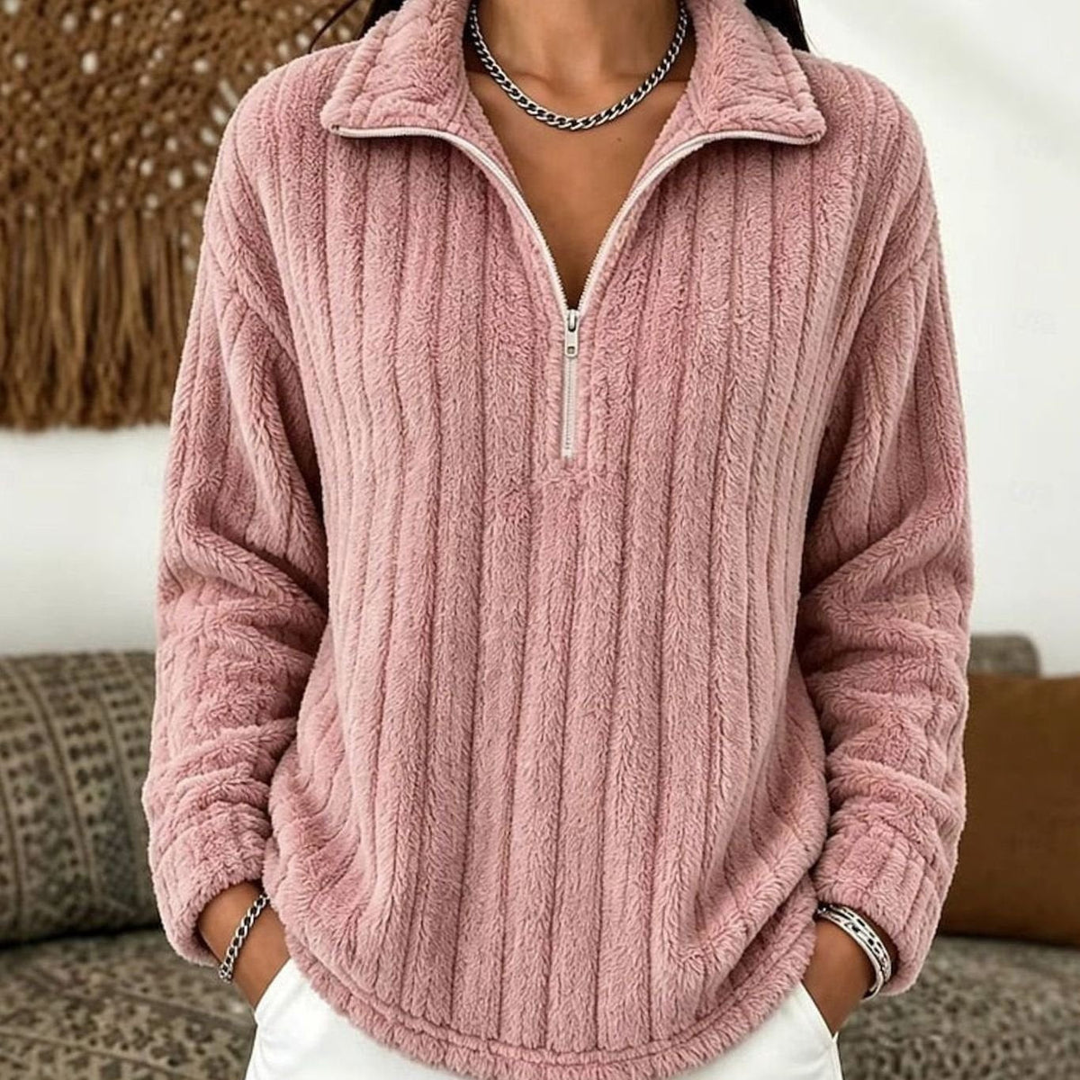Mia | Women's Fluffy Quarter-Zip Pullover Fleece Sweater