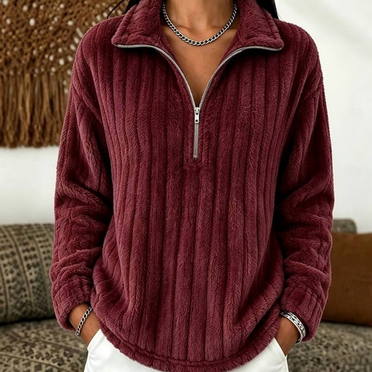 Mia | Women's Fluffy Quarter-Zip Pullover Fleece Sweater