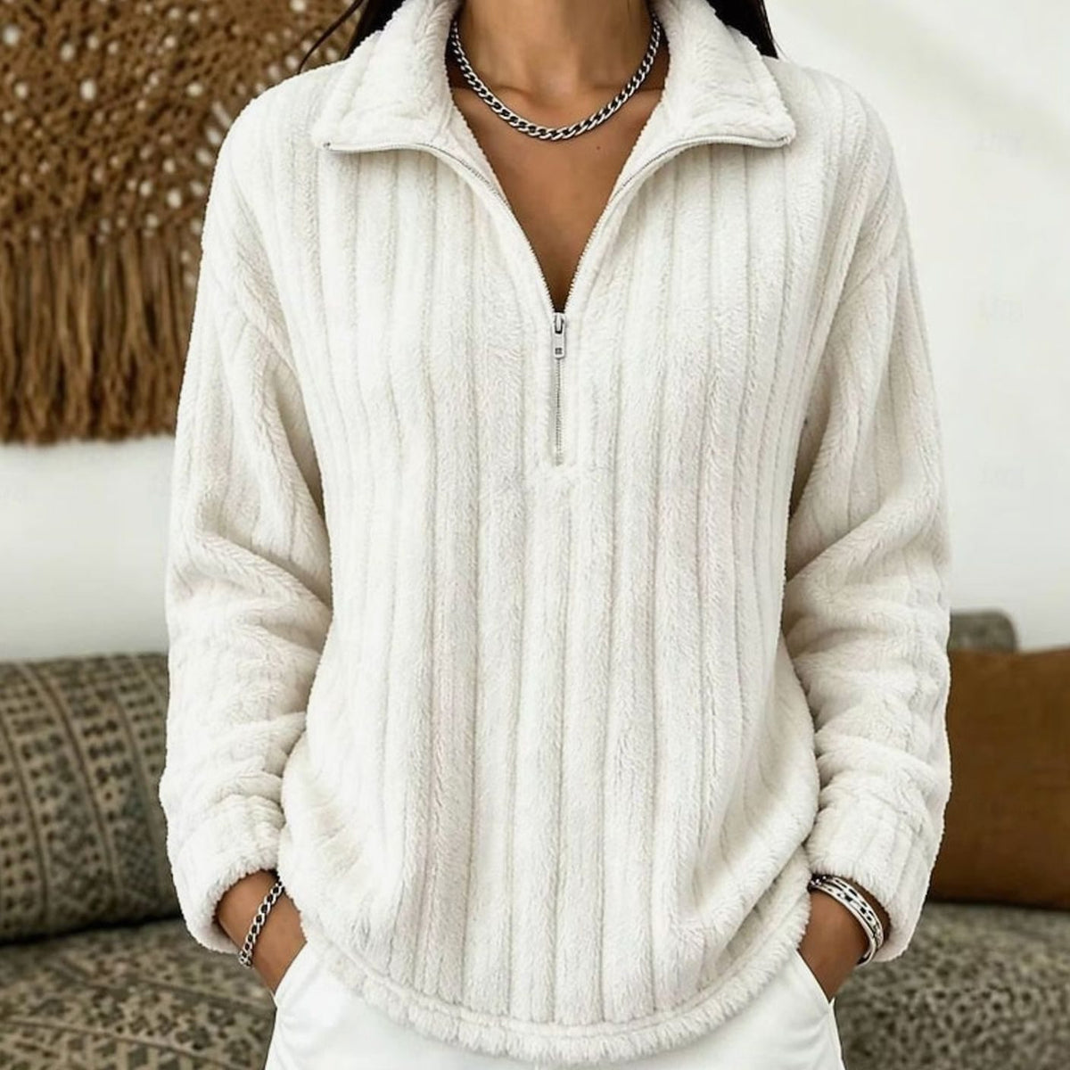 Mia | Women's Fluffy Quarter-Zip Pullover Fleece Sweater