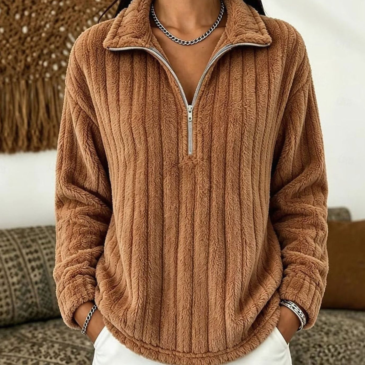Mia | Women's Fluffy Quarter-Zip Pullover Fleece Sweater