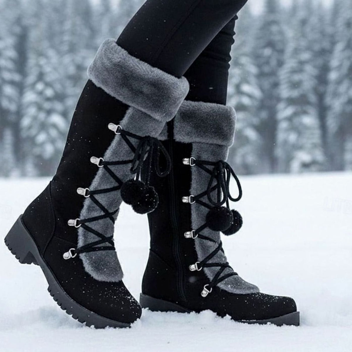 Penelope | Women's Foldover Fur-Trimmed Lace-Up Pom-Pom Mid-Calf Snow Boots