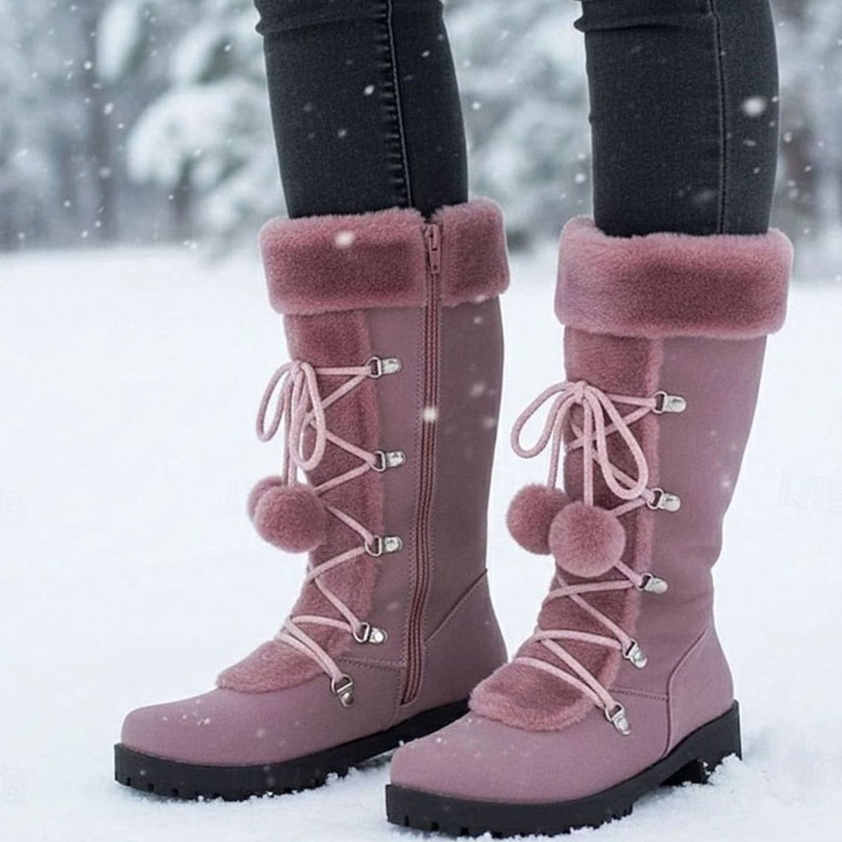 Penelope | Women's Foldover Fur-Trimmed Lace-Up Pom-Pom Mid-Calf Snow Boots