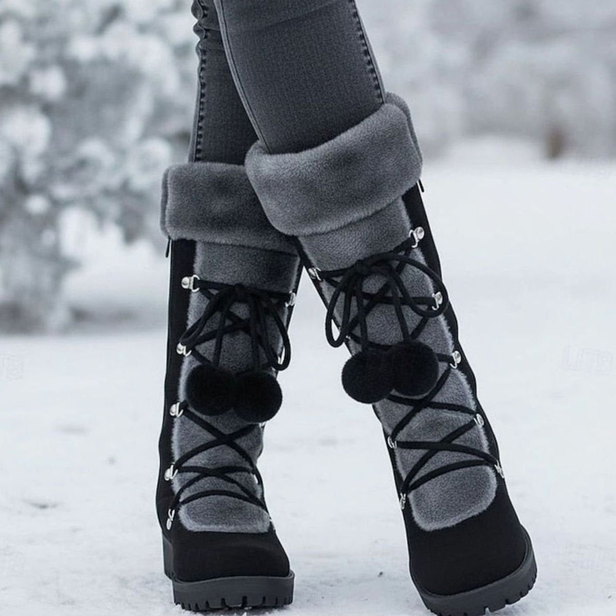 Penelope | Women's Foldover Fur-Trimmed Lace-Up Pom-Pom Mid-Calf Snow Boots