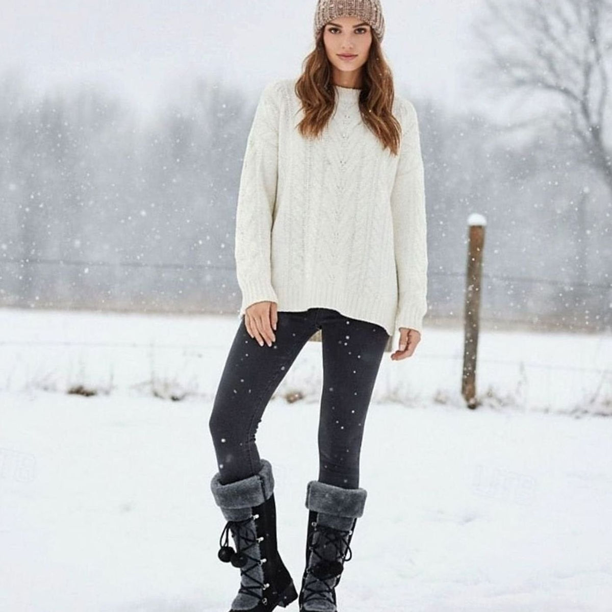 Penelope | Women's Foldover Fur-Trimmed Lace-Up Pom-Pom Mid-Calf Snow Boots