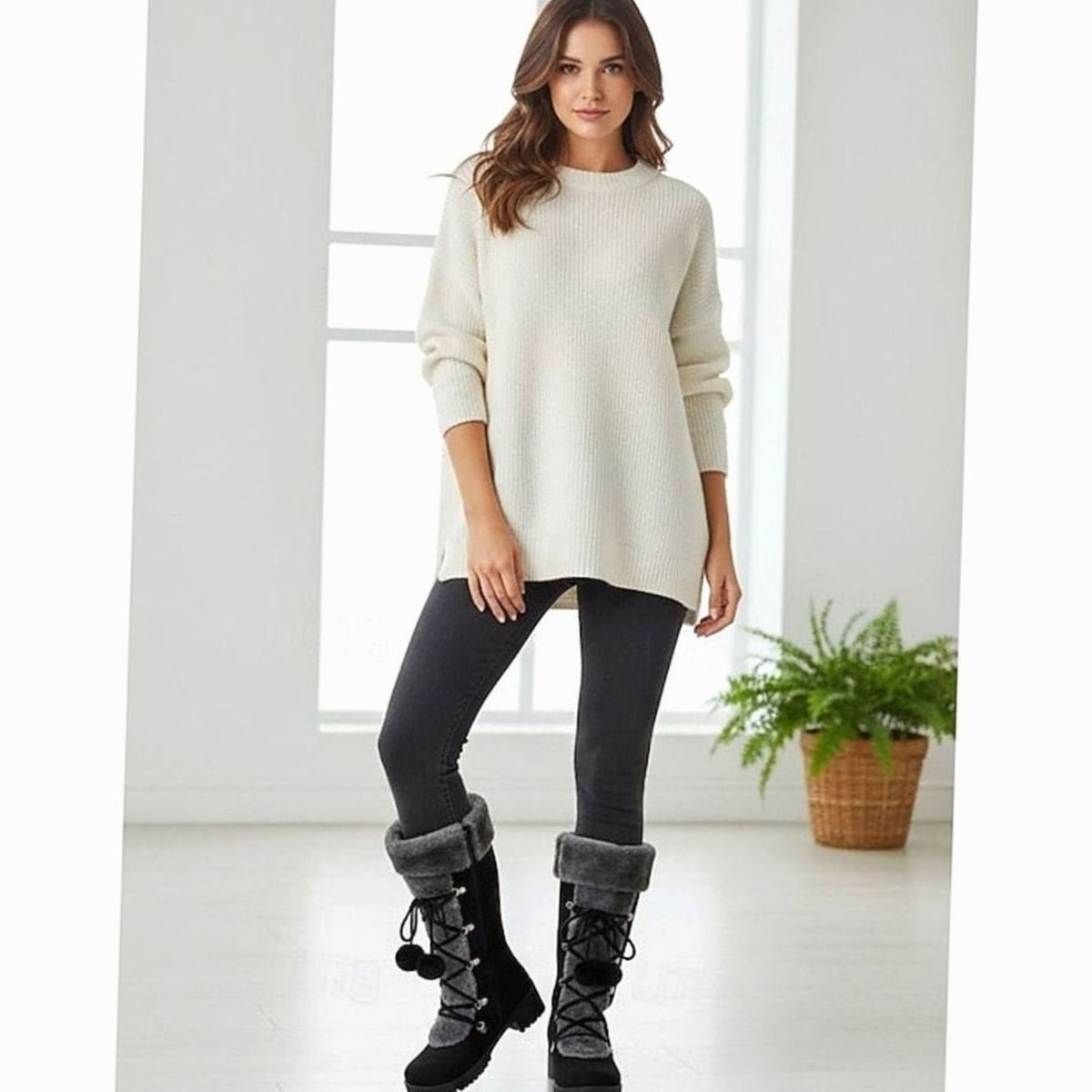 Penelope | Women's Foldover Fur-Trimmed Lace-Up Pom-Pom Mid-Calf Snow Boots