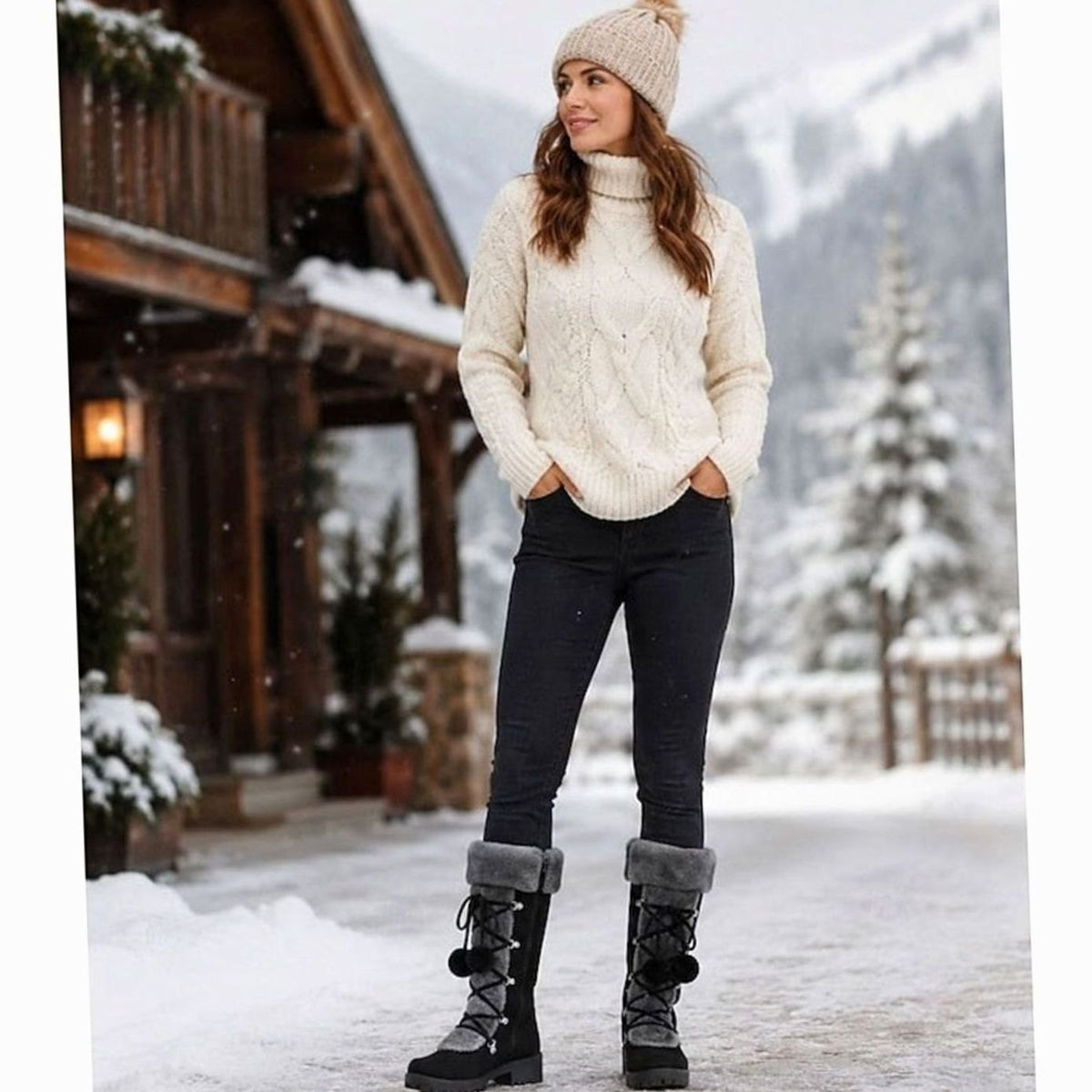 Penelope | Women's Foldover Fur-Trimmed Lace-Up Pom-Pom Mid-Calf Snow Boots