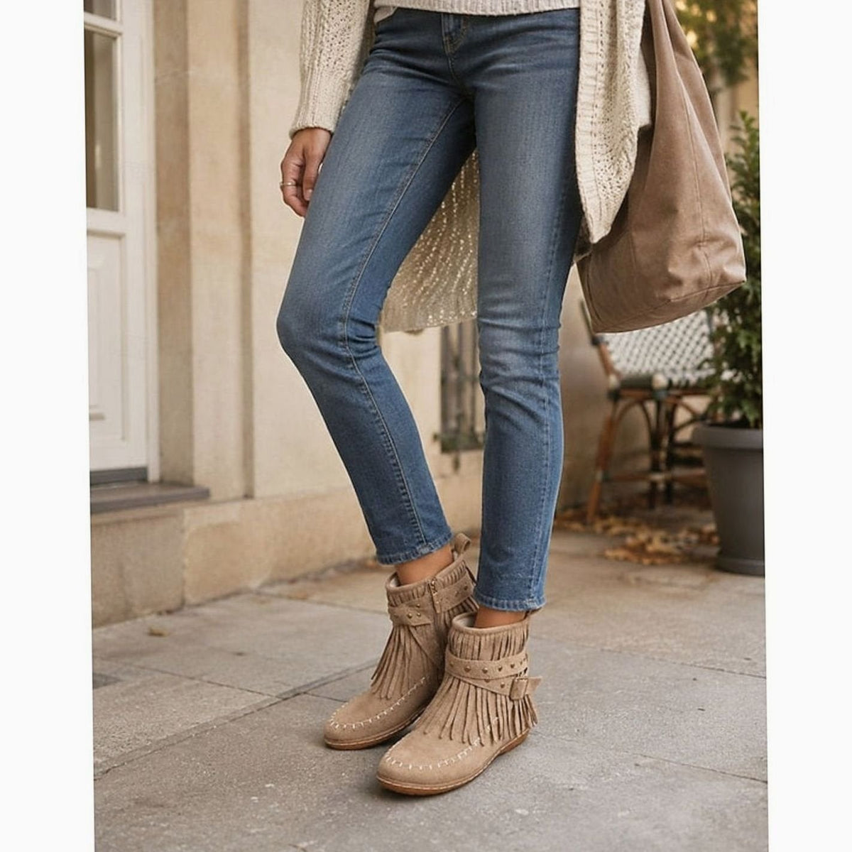 Evelyn | Women's Fringe Moccasin Flat Ankle Boots Boho Buckle Strap