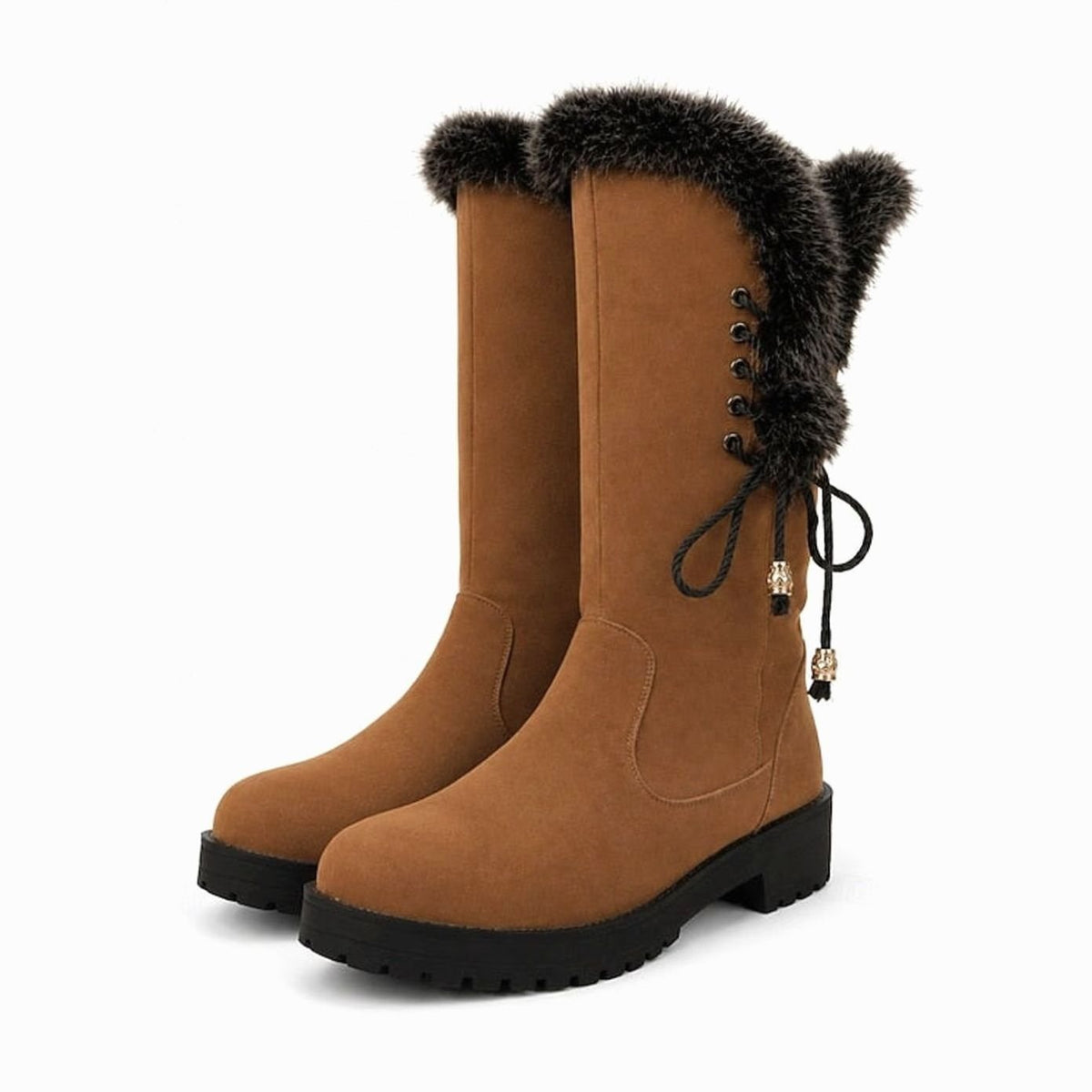 Isabella | Women's Fur-Trimmed Knee-High Snow Boots Low Block Heel, Tan