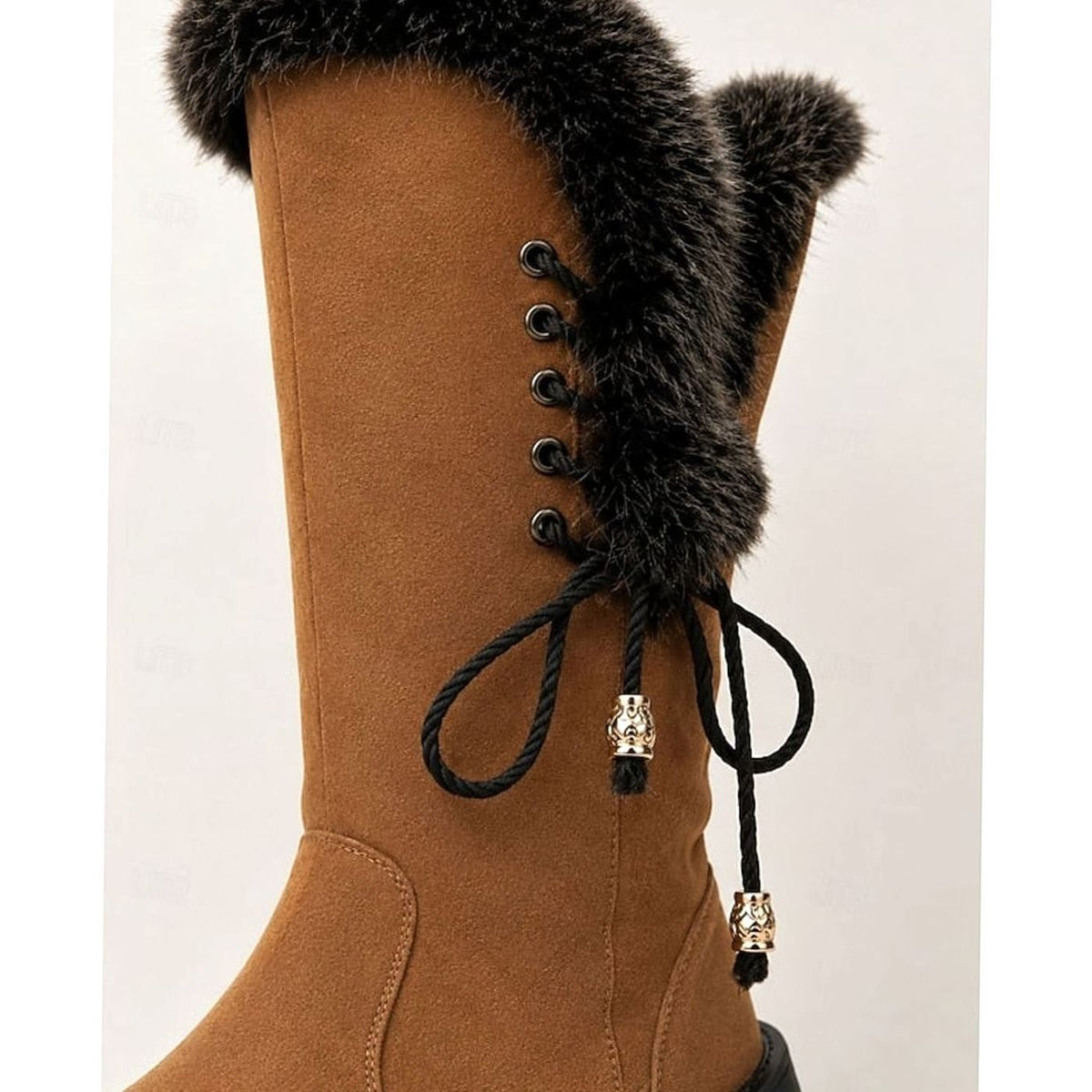 Isabella | Women's Fur-Trimmed Knee-High Snow Boots Low Block Heel, Tan
