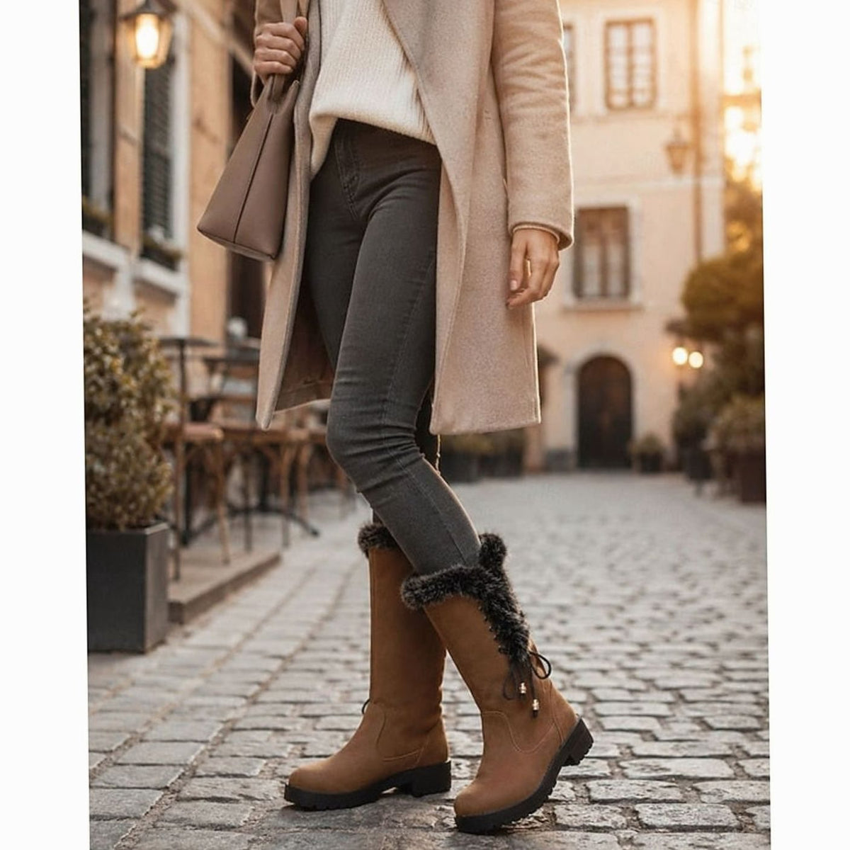 Isabella | Women's Fur-Trimmed Knee-High Snow Boots Low Block Heel, Tan