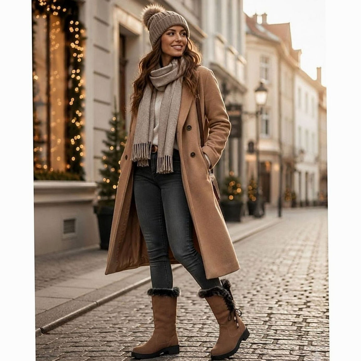 Isabella | Women's Fur-Trimmed Knee-High Snow Boots Low Block Heel, Tan