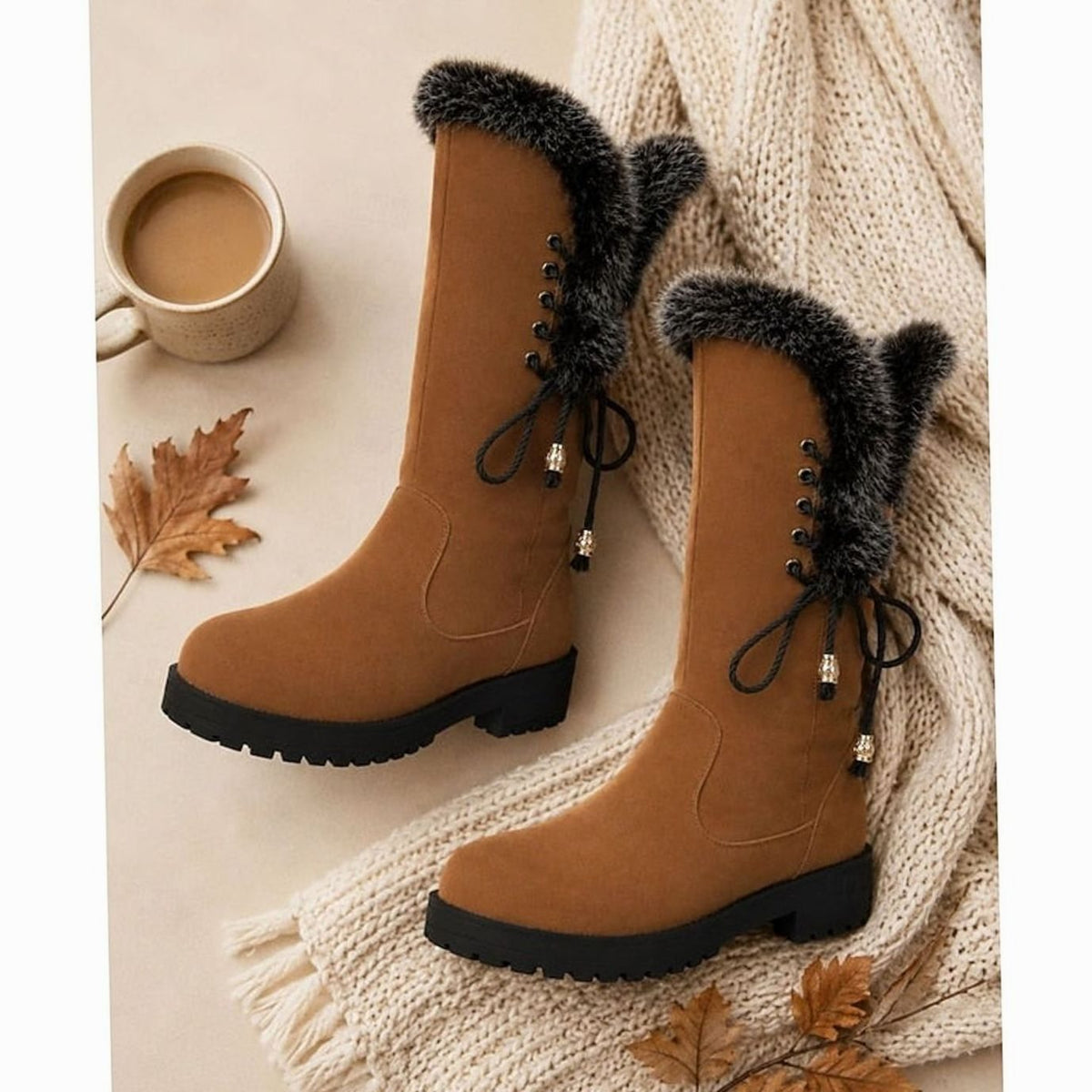 Isabella | Women's Fur-Trimmed Knee-High Snow Boots Low Block Heel, Tan