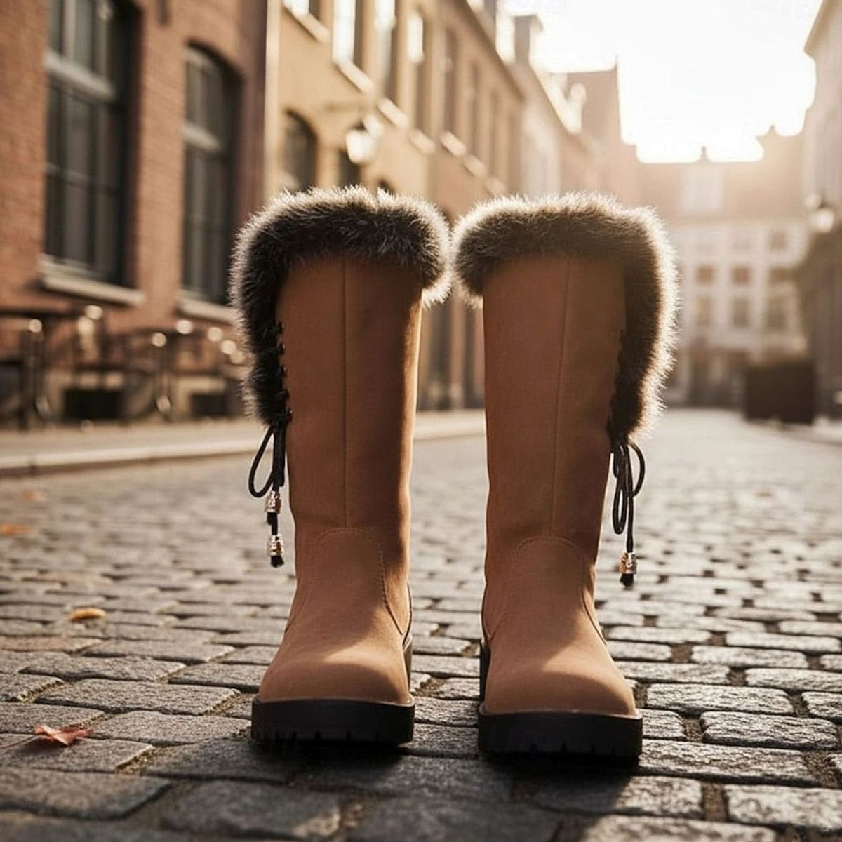 Isabella | Women's Fur-Trimmed Knee-High Snow Boots Low Block Heel, Tan
