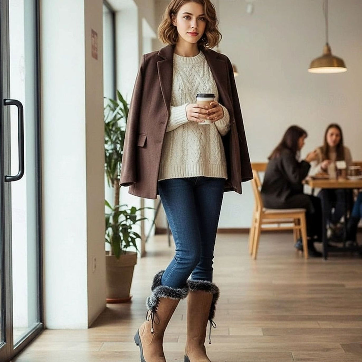 Isabella | Women's Fur-Trimmed Knee-High Snow Boots Low Block Heel, Tan