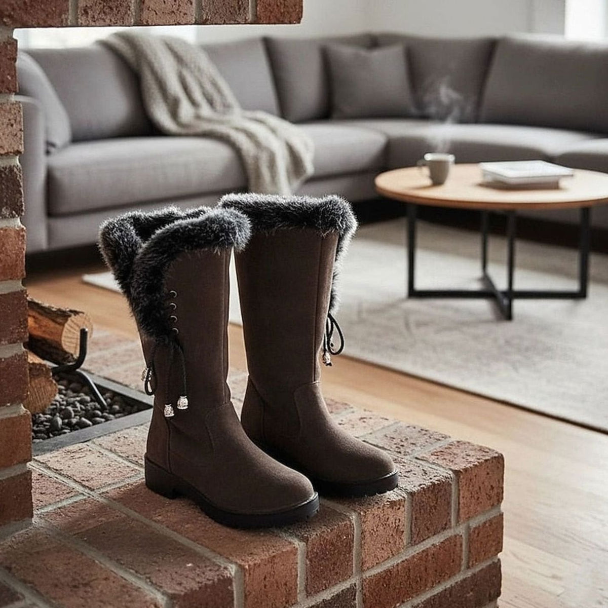Isabella | Women's Fur-Trimmed Knee-High Snow Boots Low Block Heel, Tan