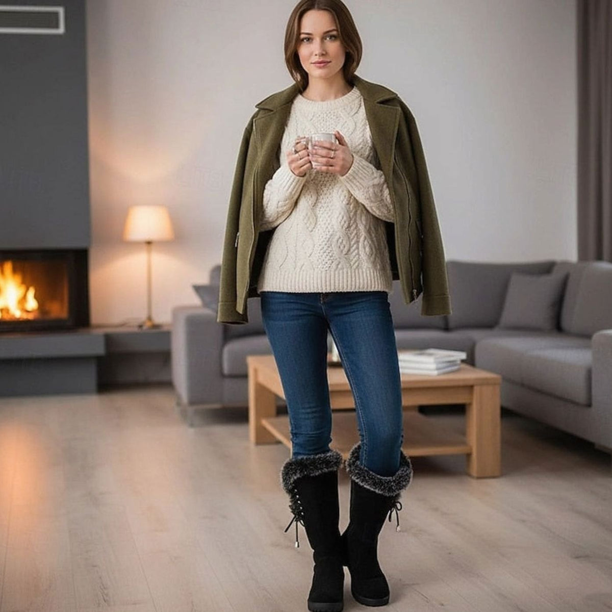 Isabella | Women's Fur-Trimmed Knee-High Snow Boots Low Block Heel, Tan