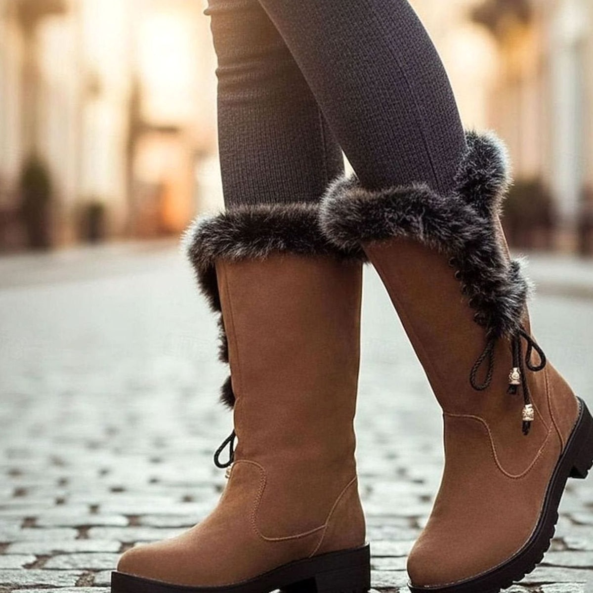 Evelyn | Women's Fur-Trimmed Knee-High Winter Snow Boots Low Block Heel