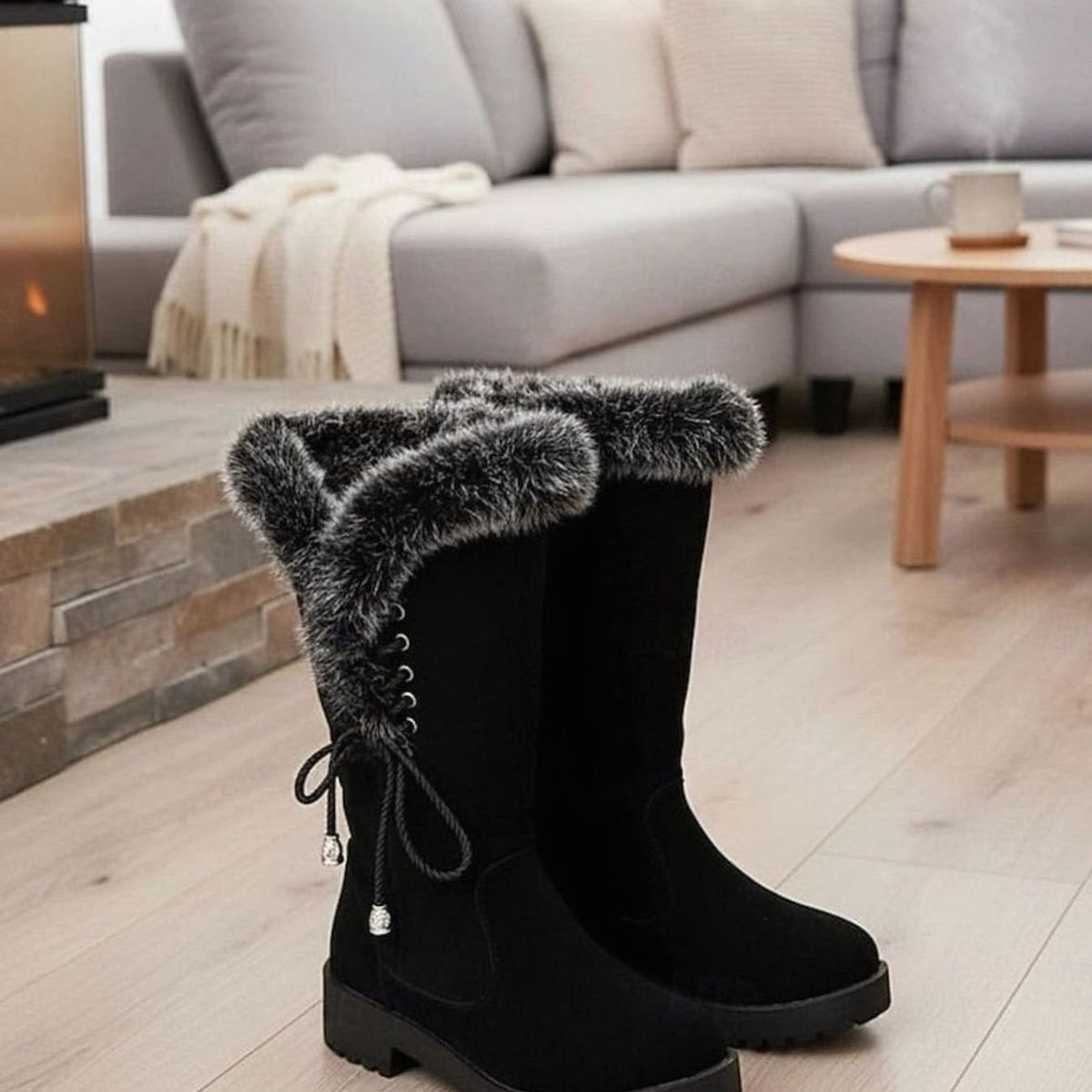 Evelyn | Women's Fur-Trimmed Knee-High Winter Snow Boots Low Block Heel