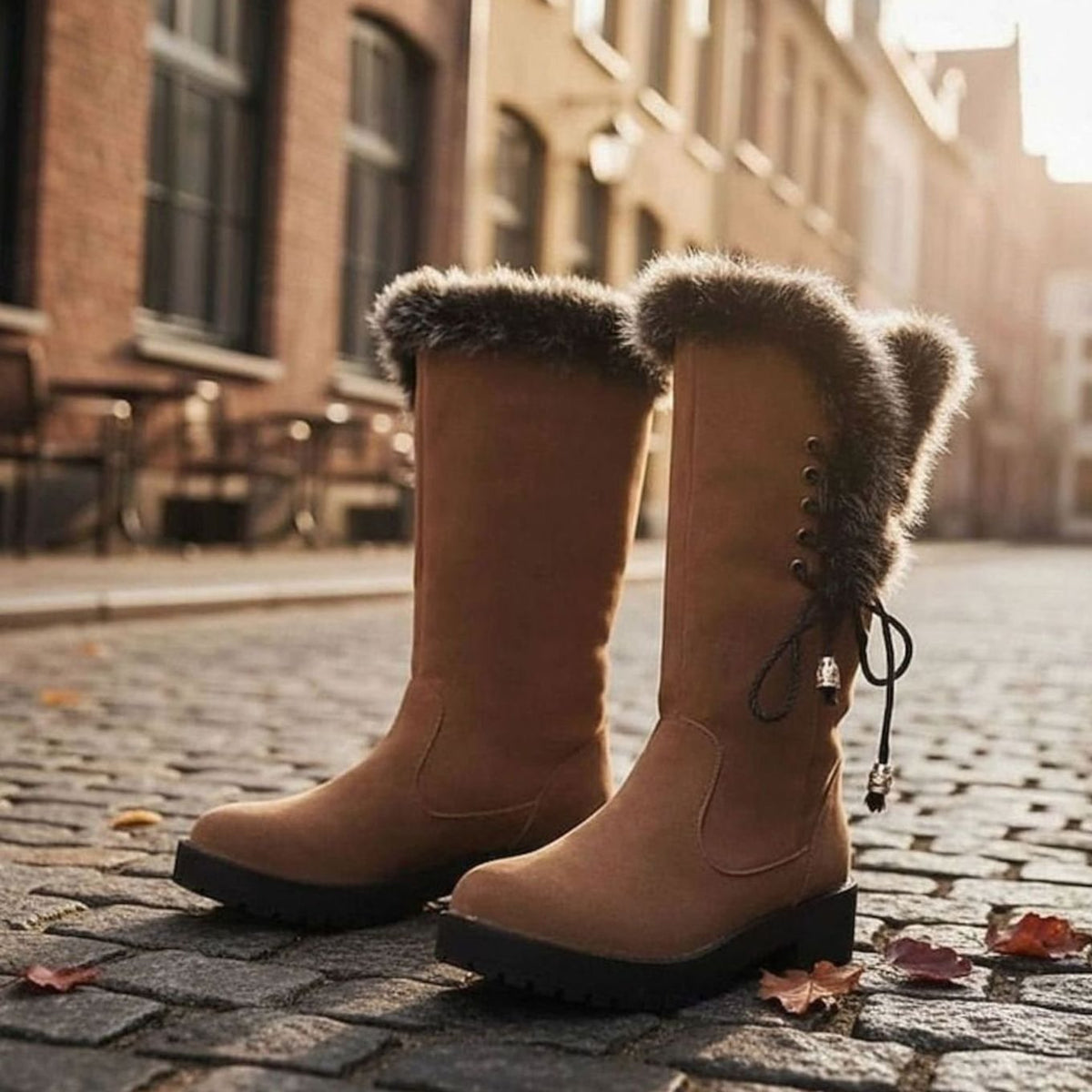 Evelyn | Women's Fur-Trimmed Knee-High Winter Snow Boots Low Block Heel