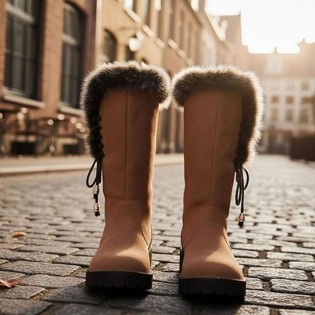 Evelyn | Women's Fur-Trimmed Knee-High Winter Snow Boots Low Block Heel