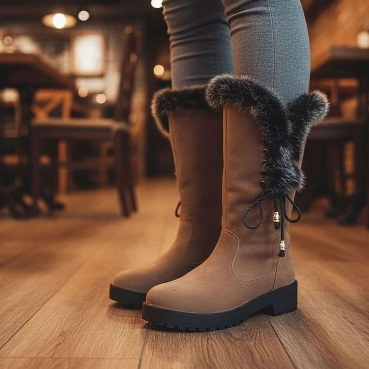 Evelyn | Women's Fur-Trimmed Knee-High Winter Snow Boots Low Block Heel